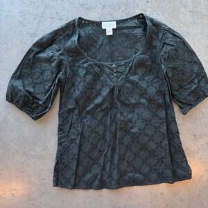 Vintage Y2k the Loft Black Eyelet Casual Preppy Women's Short Sleeve Size 4